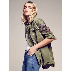 Free People Embellished Military Jacket Green Army Fatigue Beaded Shirt Size S